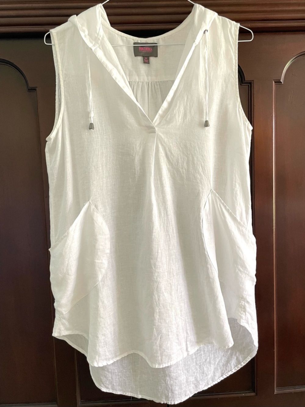 FORCYNTHIA Beachwear 100% Linen Sleeveless Hooded Beach Swim Cover Up Sz Medium